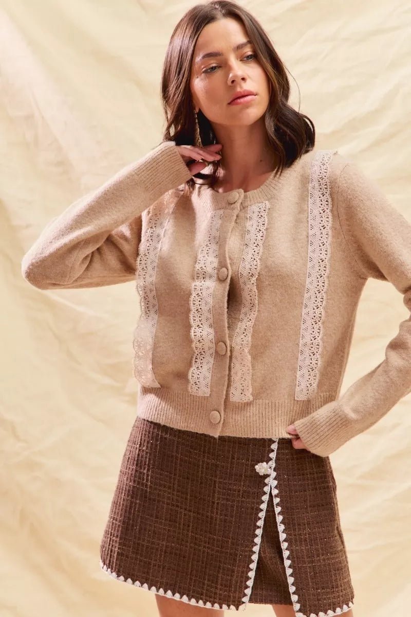 SO ME Front Lace Trim Button Cardigan Sweater - PBNJ FASHIONS