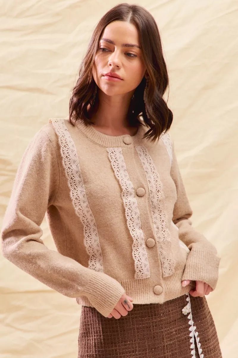 SO ME Front Lace Trim Button Cardigan Sweater - PBNJ FASHIONS
