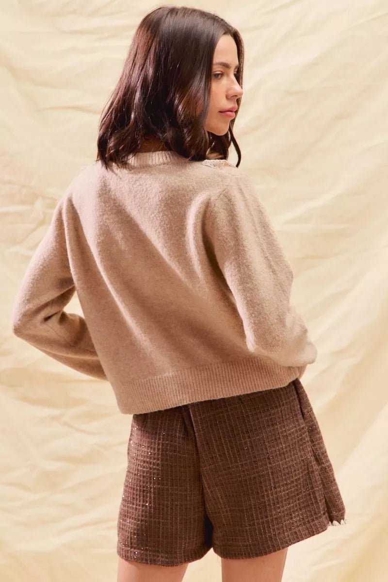SO ME Front Lace Trim Button Cardigan Sweater - PBNJ FASHIONS