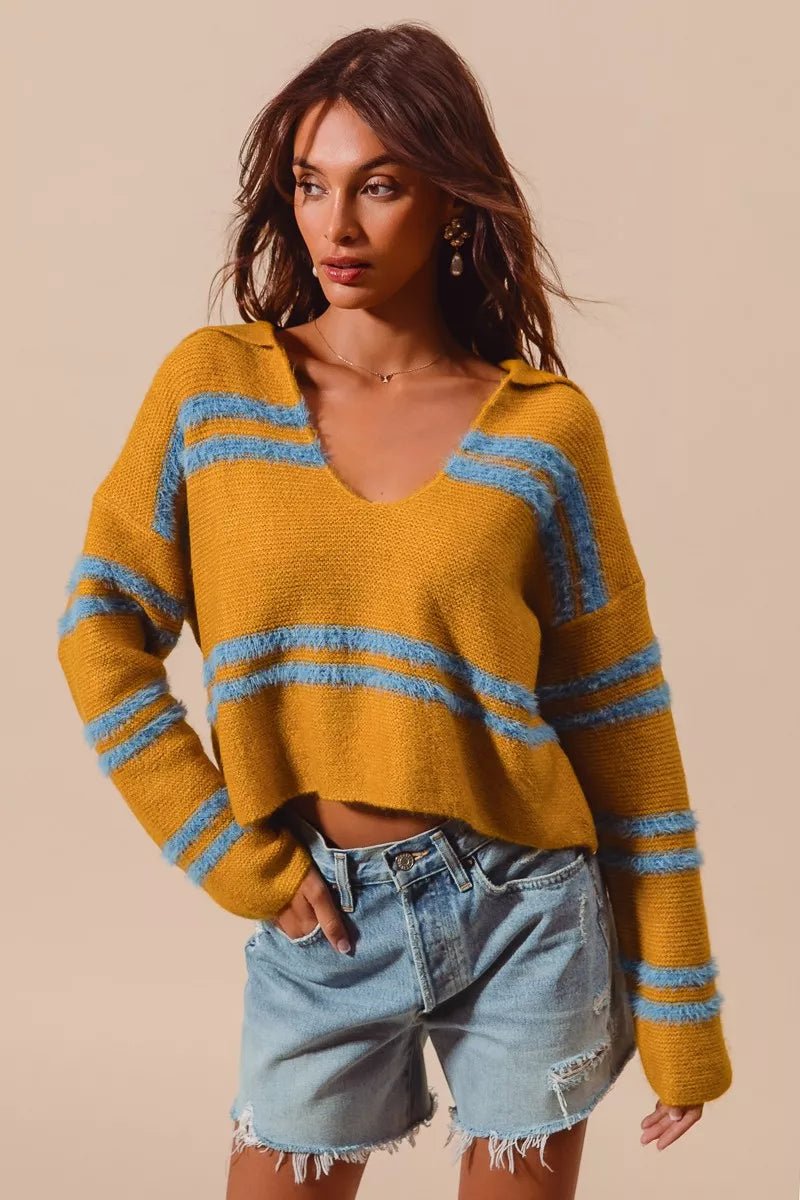 SO ME Fuzzy Hairy Stripe Deep U Neck Swetaer - PBNJ FASHIONS