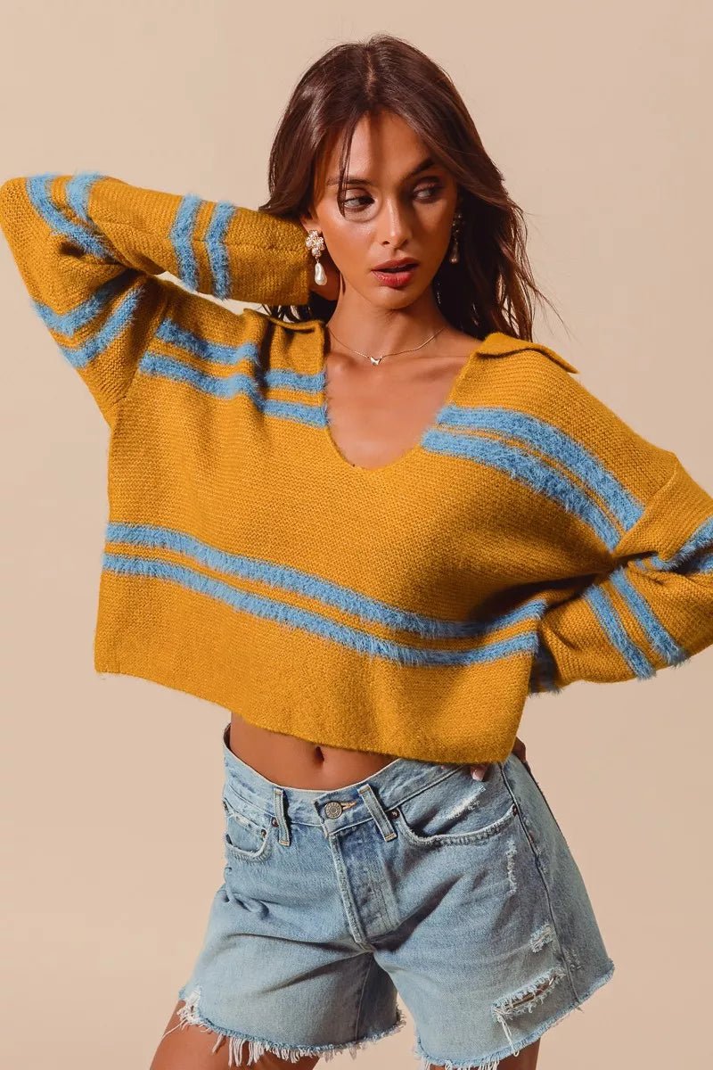 SO ME Fuzzy Hairy Stripe Deep U Neck Swetaer - PBNJ FASHIONS