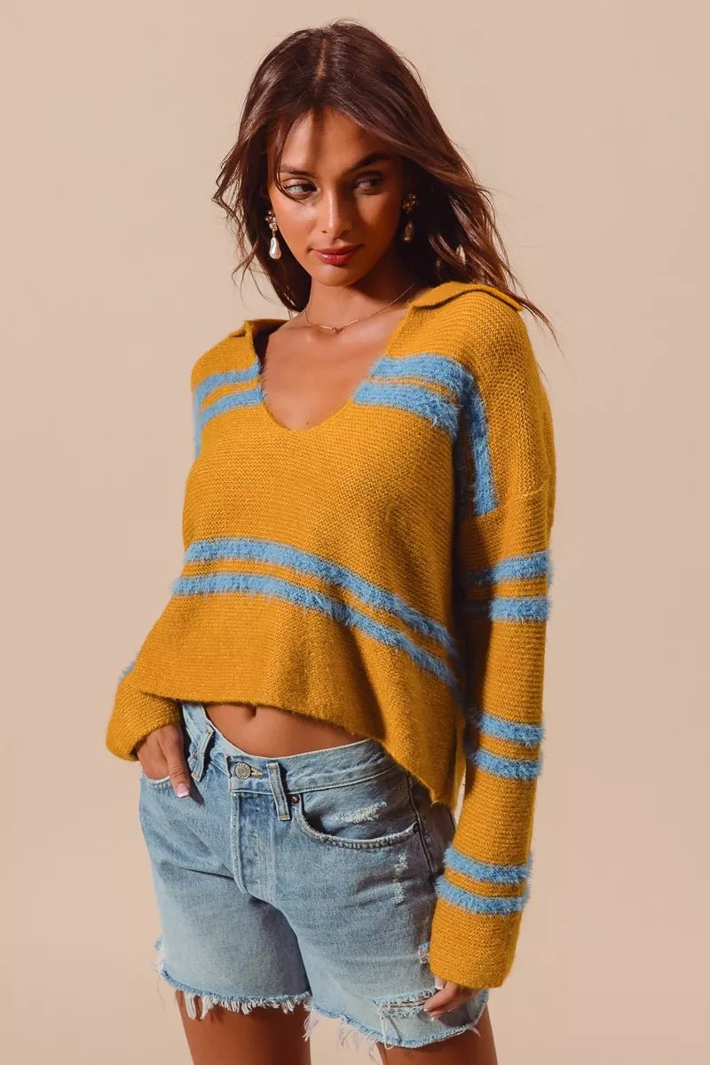 SO ME Fuzzy Hairy Stripe Deep U Neck Swetaer - PBNJ FASHIONS