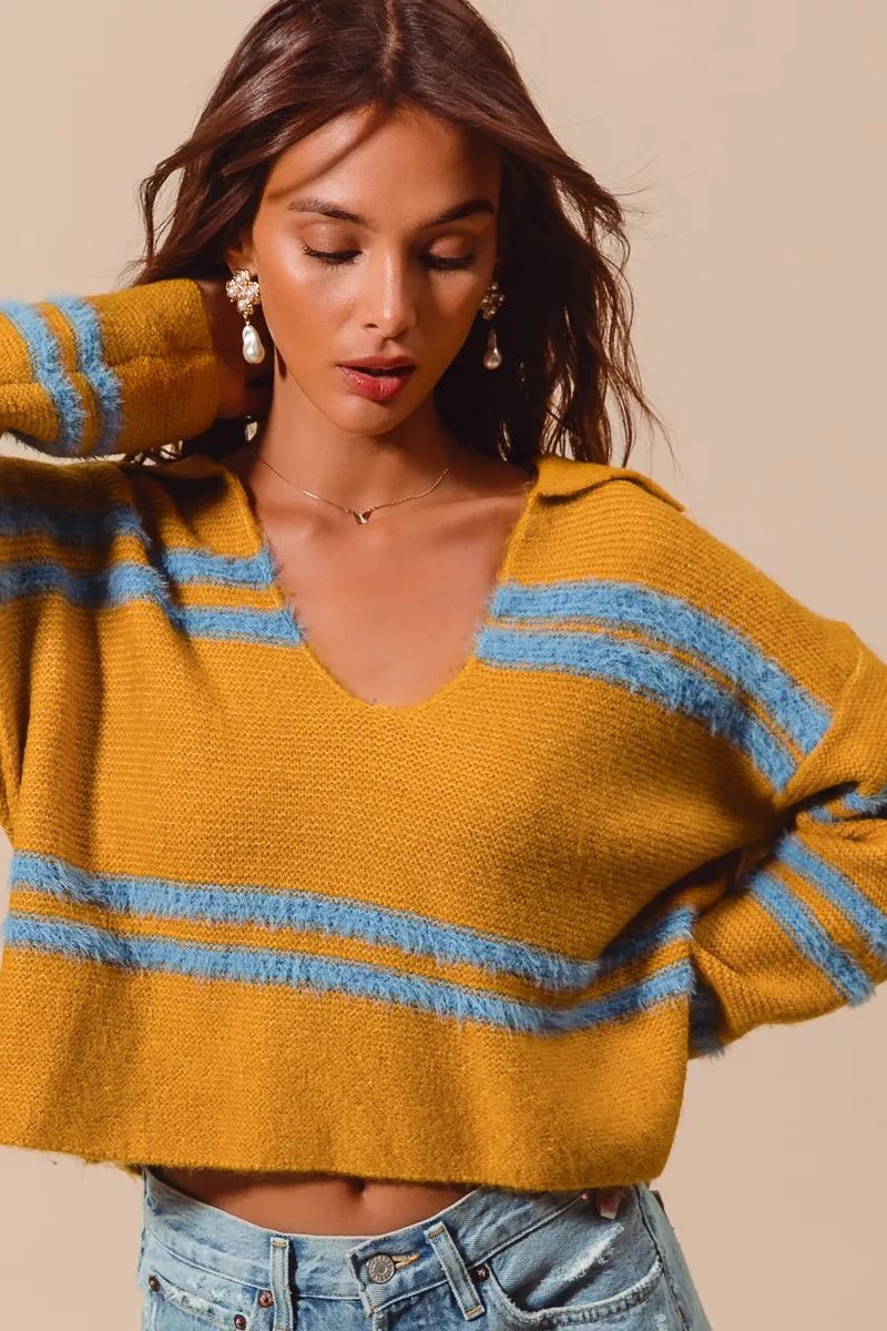 SO ME Fuzzy Hairy Stripe Deep U Neck Swetaer - PBNJ FASHIONS