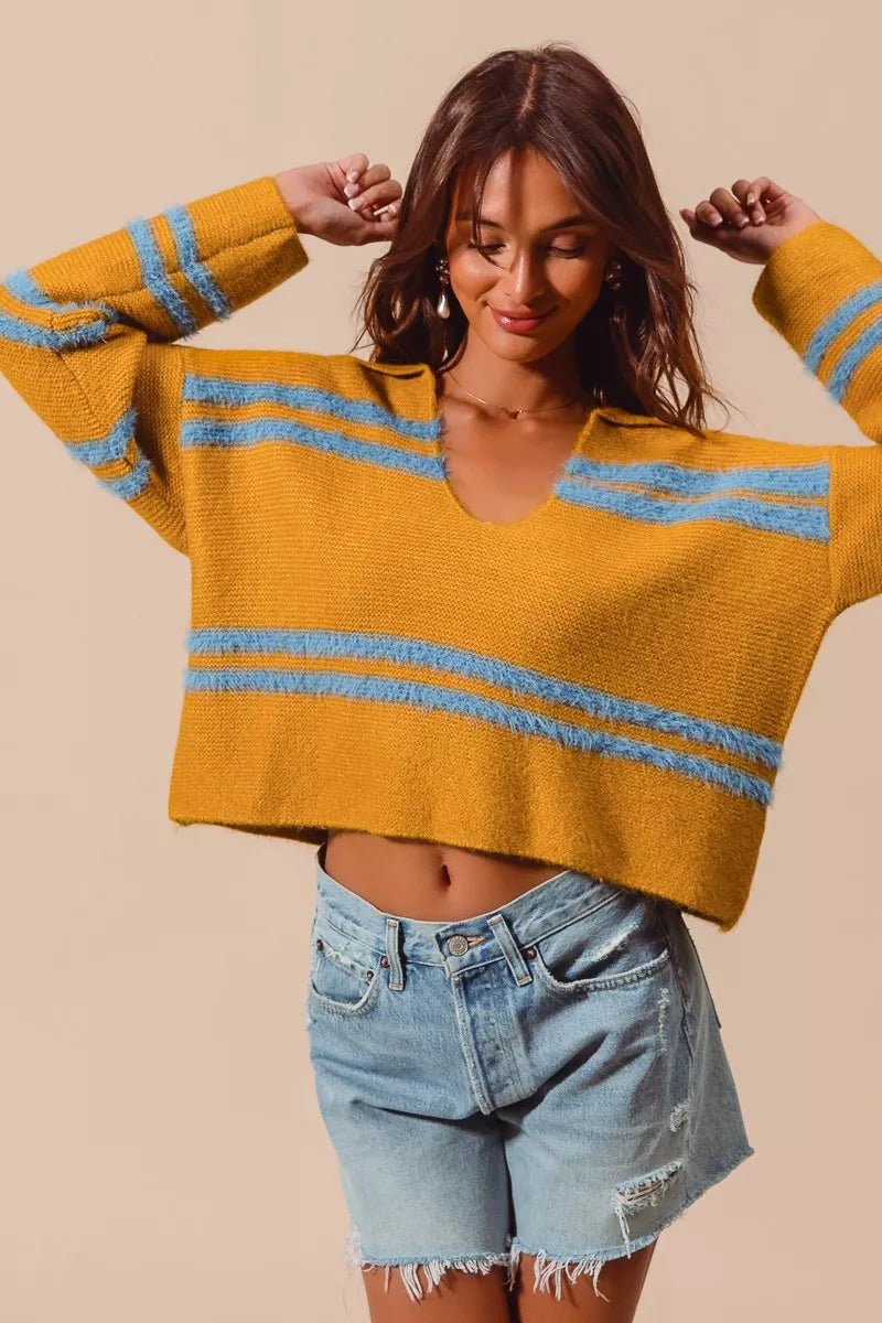 SO ME Fuzzy Hairy Stripe Deep U Neck Swetaer - PBNJ FASHIONS