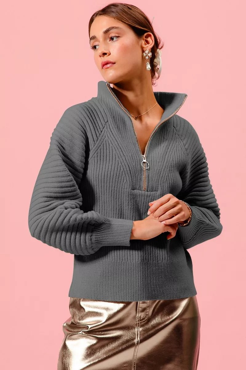 SO ME Half Zip Raglan Balloon Sleeves Ribbed Sweater - PBNJ FASHIONS