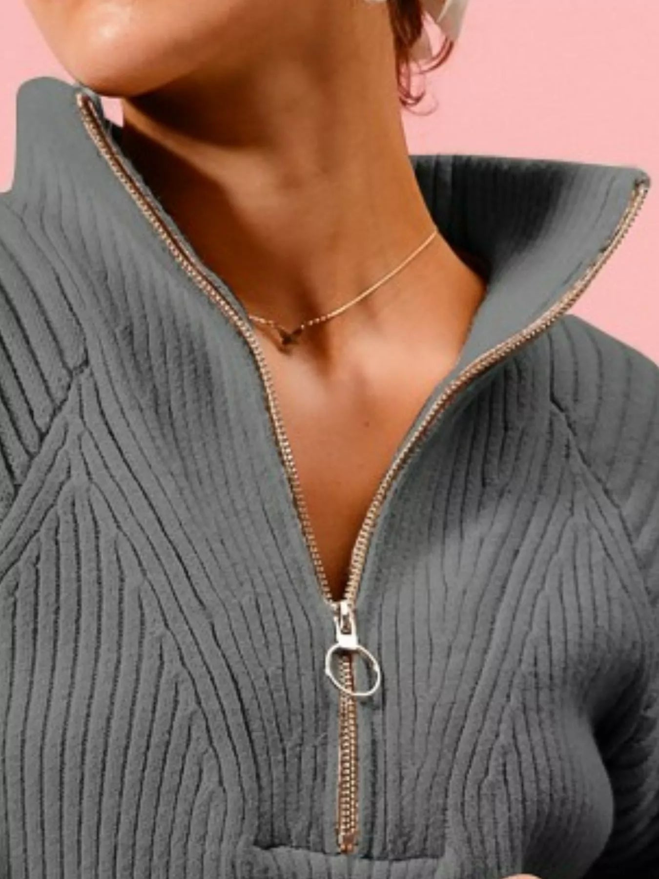 SO ME Half Zip Raglan Balloon Sleeves Ribbed Sweater - PBNJ FASHIONS