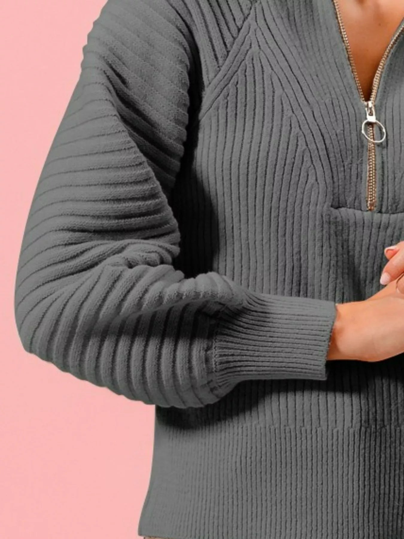SO ME Half Zip Raglan Balloon Sleeves Ribbed Sweater - PBNJ FASHIONS