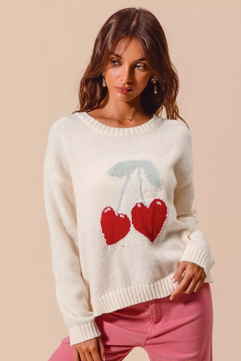 SO ME Heart Cherry Knitted Valentine Sweater Top - PBNJ FASHIONS