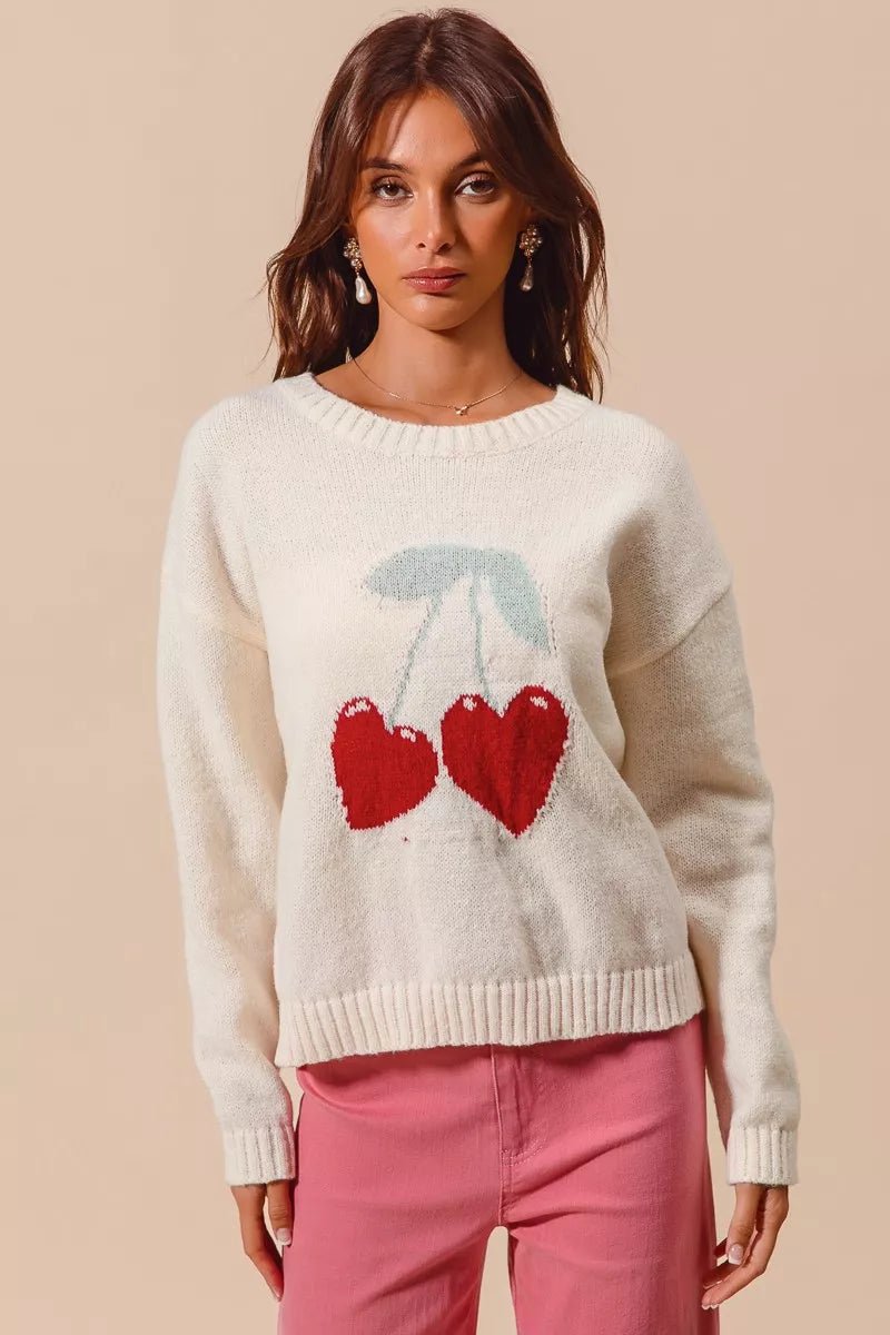SO ME Heart Cherry Knitted Valentine Sweater Top - PBNJ FASHIONS