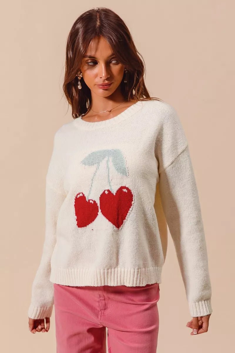 SO ME Heart Cherry Knitted Valentine Sweater Top - PBNJ FASHIONS