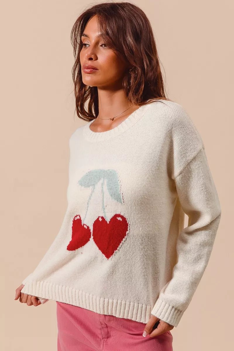 SO ME Heart Cherry Knitted Valentine Sweater Top - PBNJ FASHIONS