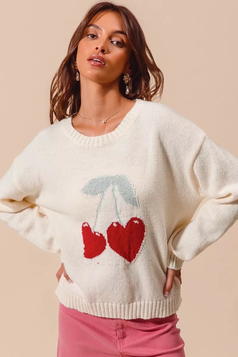 SO ME Heart Cherry Knitted Valentine Sweater Top - PBNJ FASHIONS