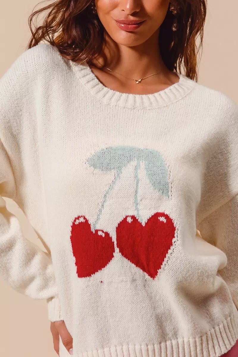 SO ME Heart Cherry Knitted Valentine Sweater Top - PBNJ FASHIONS