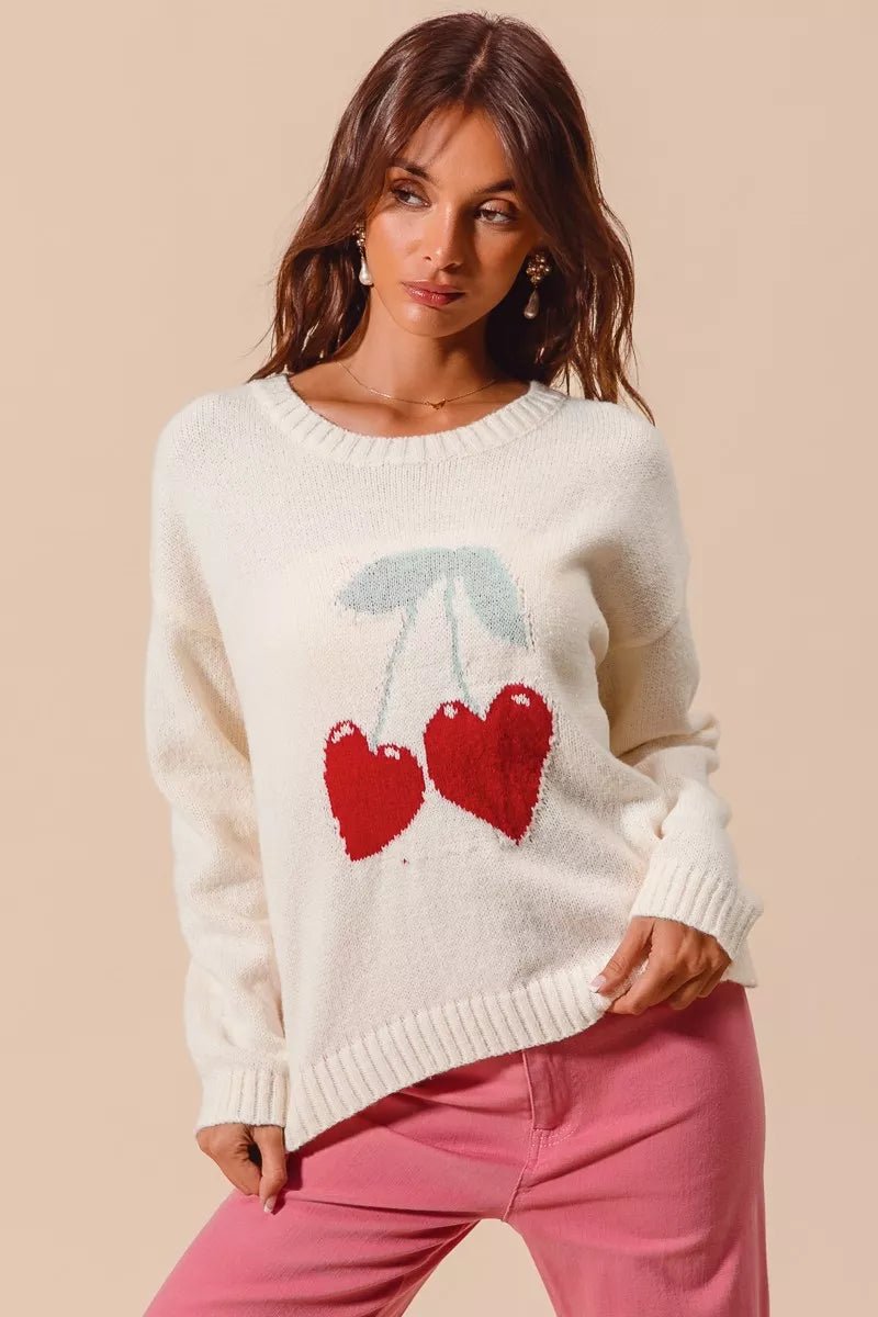 SO ME Heart Cherry Knitted Valentine Sweater Top - PBNJ FASHIONS