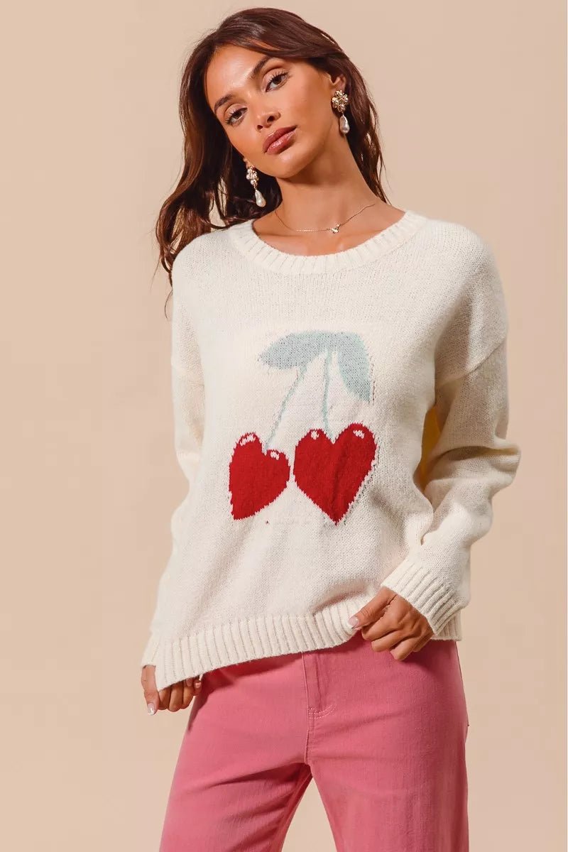 SO ME Heart Cherry Knitted Valentine Sweater Top - PBNJ FASHIONS