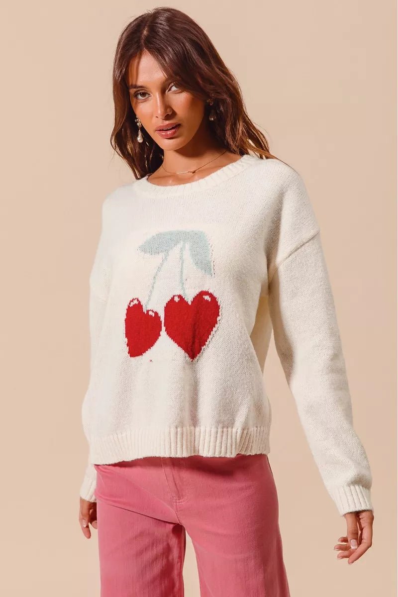 SO ME Heart Cherry Knitted Valentine Sweater Top - PBNJ FASHIONS