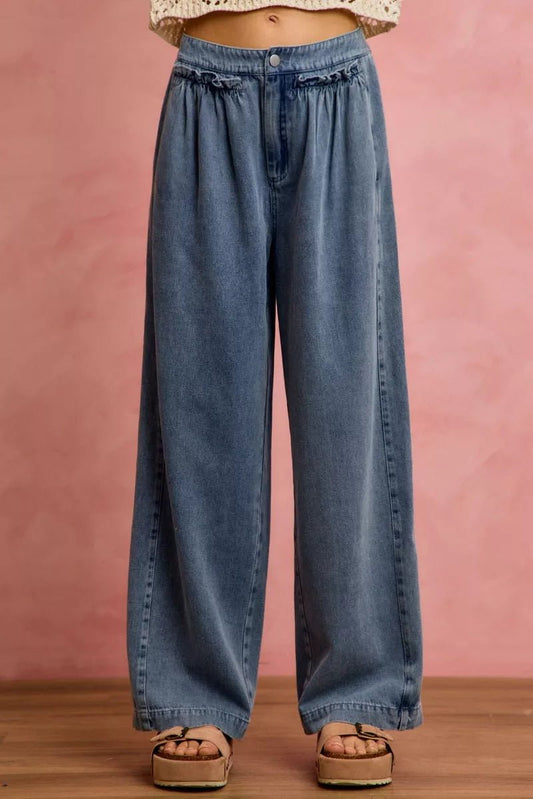 SO ME Mid Rise Ruffled Front Elastic Wide Leg Jeans - PBNJ FASHIONS