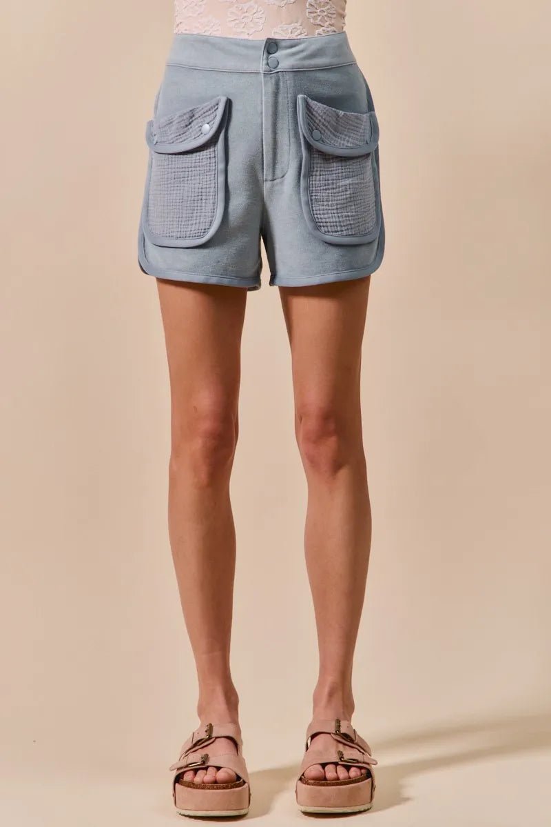 SO ME Mineral Washed Terry High Rise Cargo Shorts - PBNJ FASHIONS