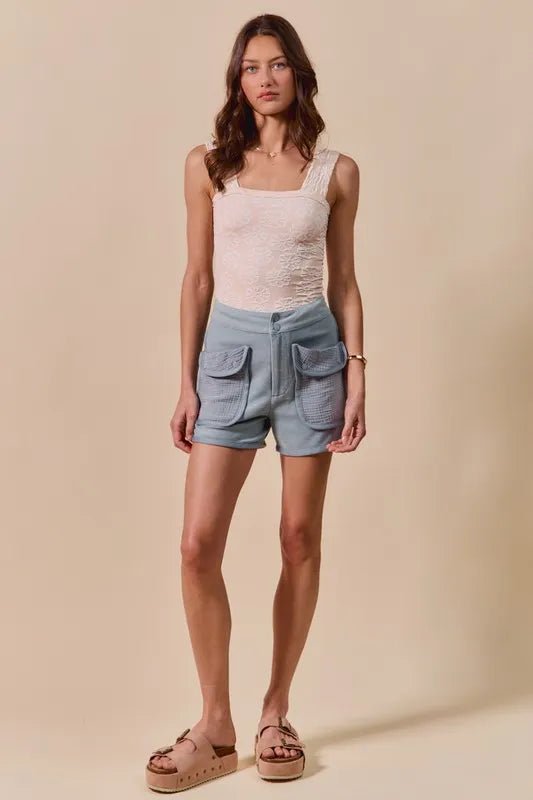 SO ME Mineral Washed Terry High Rise Cargo Shorts - PBNJ FASHIONS