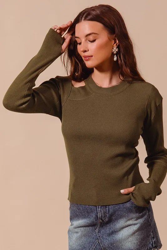 SO ME Rib Knit Top with Shoulder Cut Out - PBNJ FASHIONS