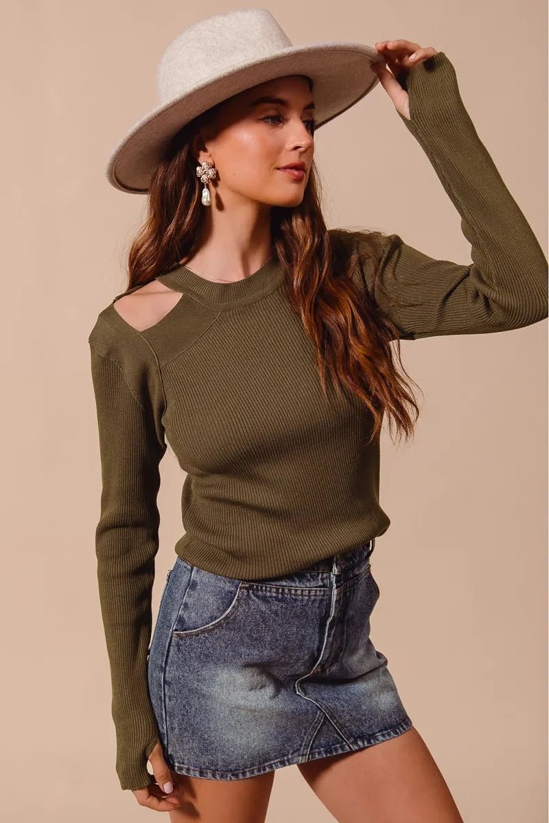 SO ME Rib Knit Top with Shoulder Cut Out - PBNJ FASHIONS