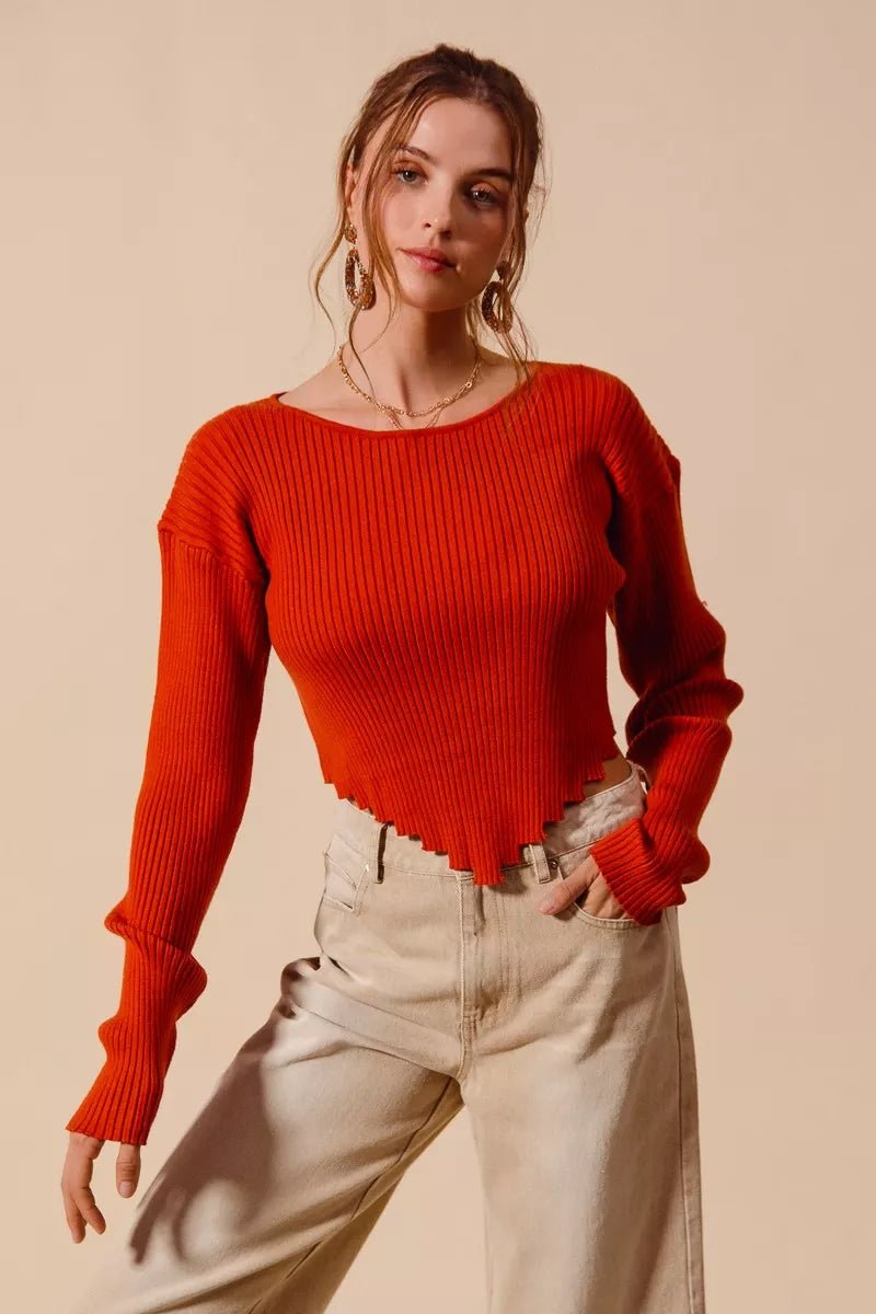 SO ME Rib Knitted Crop Sweater Top With Shaped Hem - PBNJ FASHIONS