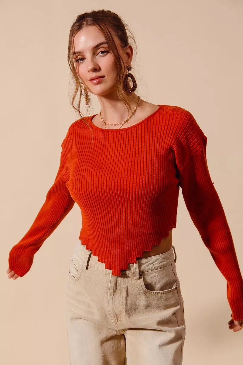SO ME Rib Knitted Crop Sweater Top With Shaped Hem - PBNJ FASHIONS