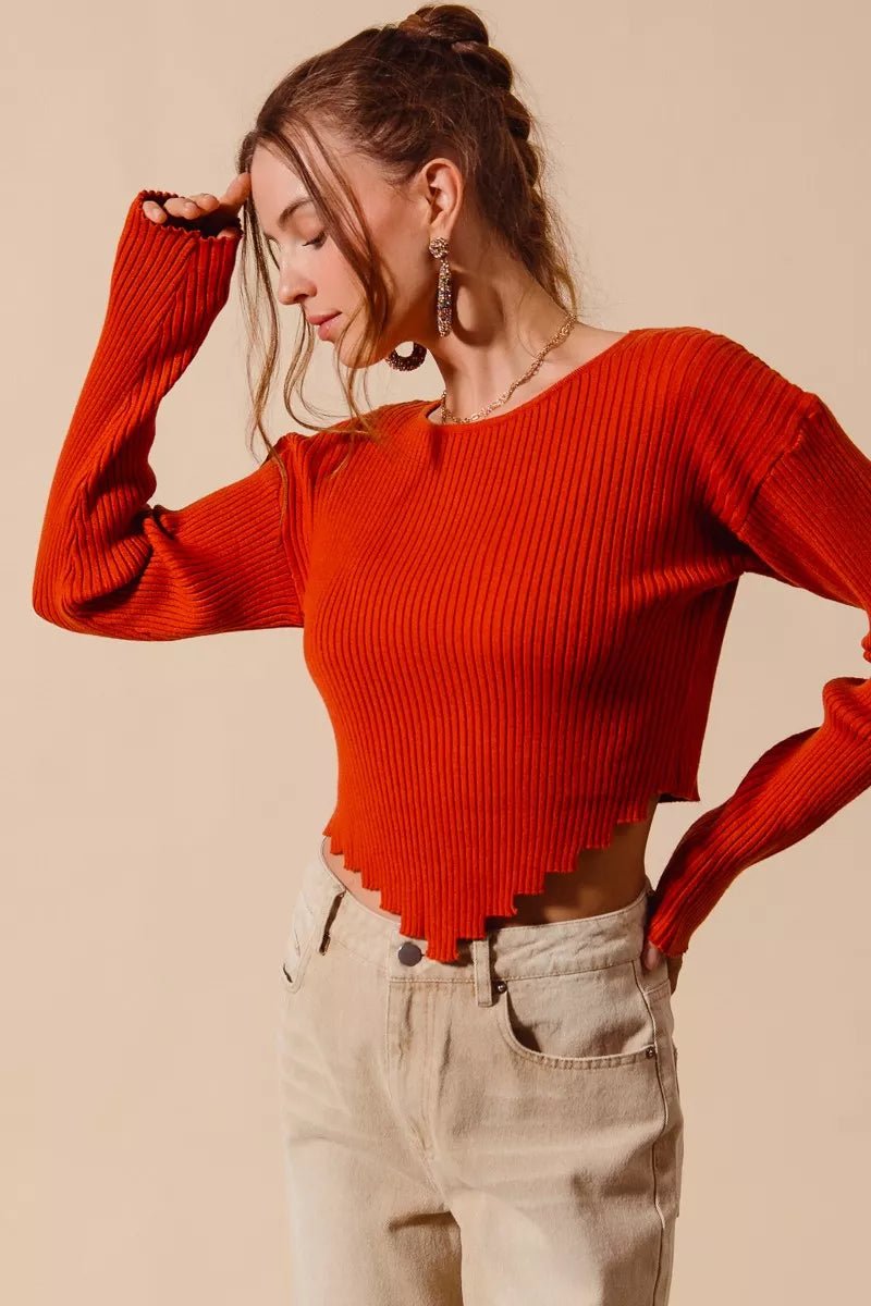SO ME Rib Knitted Crop Sweater Top With Shaped Hem - PBNJ FASHIONS