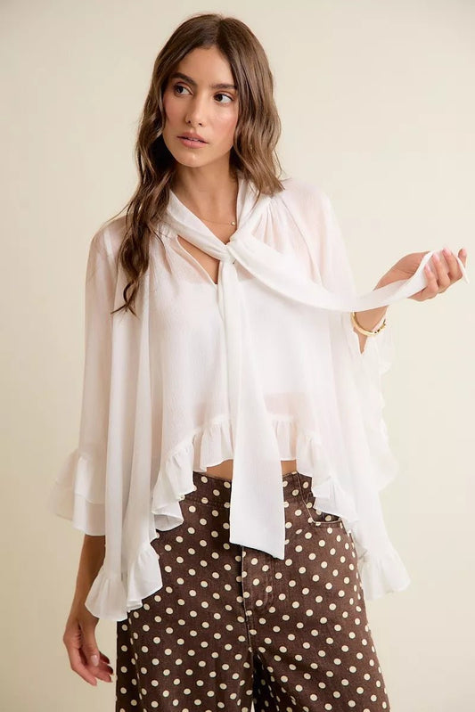 SO ME Sheer Ruffle Bell Sleeves Bow Tie Flowy Blouse Top - PBNJ FASHIONS