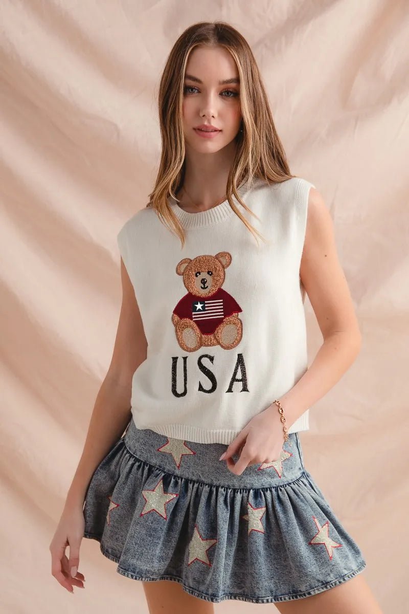 SO ME Teddy Bear Wearing An American Flag With Usa Embroidered Sweater Vest - PBNJ FASHIONS