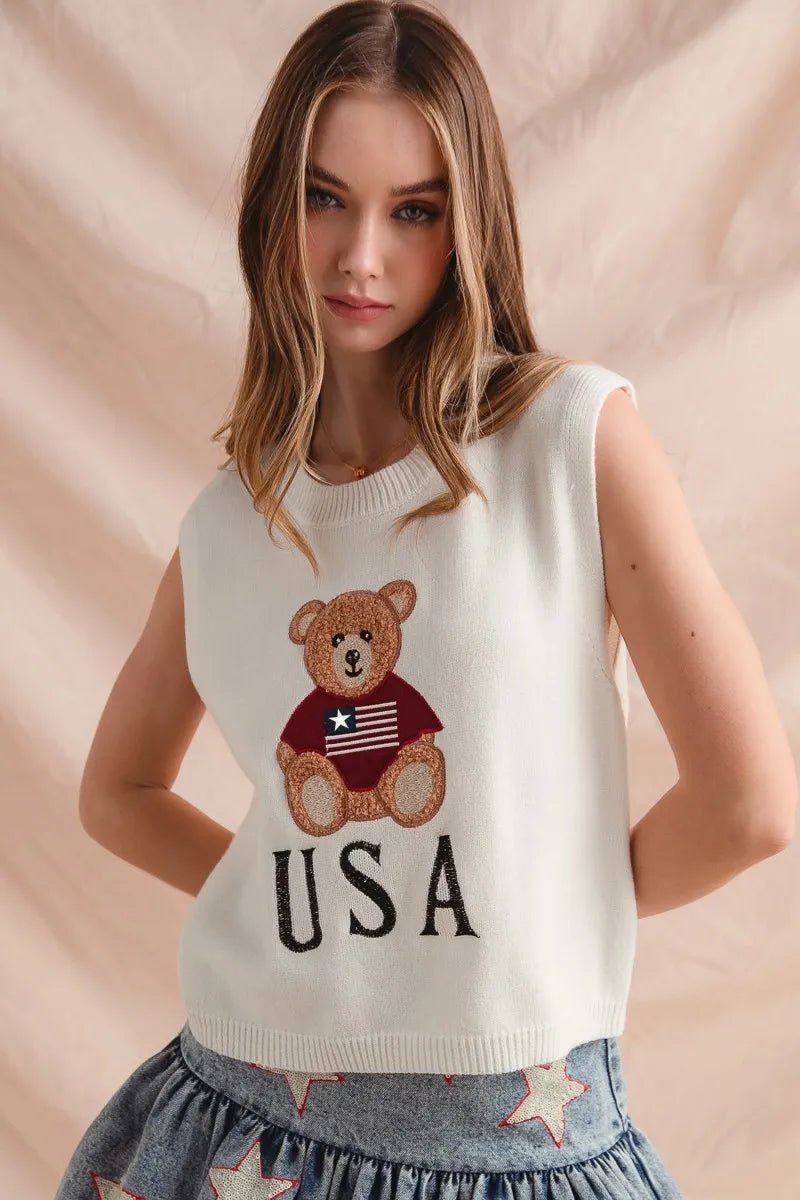 SO ME Teddy Bear Wearing An American Flag With Usa Embroidered Sweater Vest - PBNJ FASHIONS