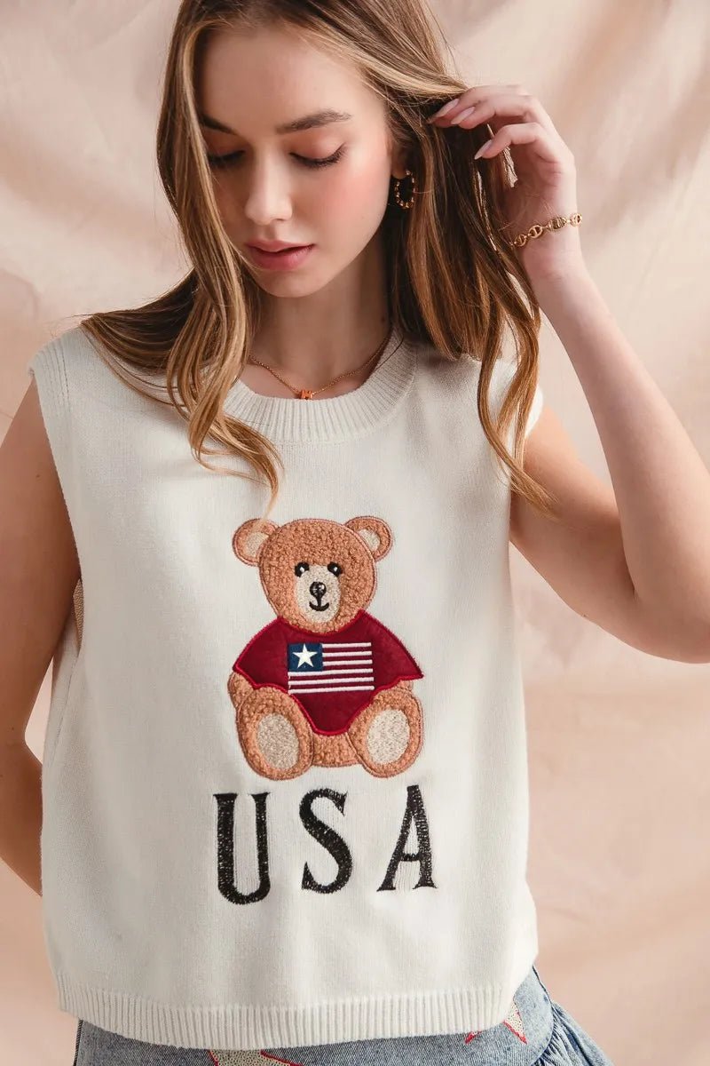 SO ME Teddy Bear Wearing An American Flag With Usa Embroidered Sweater Vest - PBNJ FASHIONS
