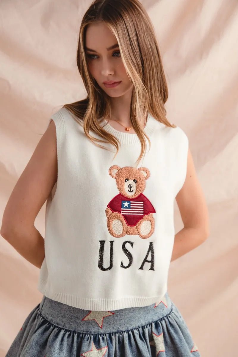 SO ME Teddy Bear Wearing An American Flag With Usa Embroidered Sweater Vest - PBNJ FASHIONS