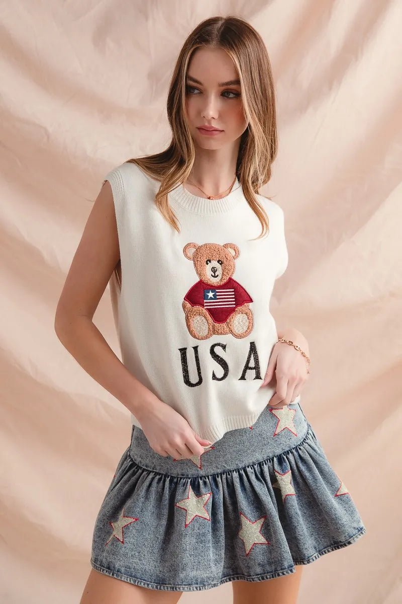 SO ME Teddy Bear Wearing An American Flag With Usa Embroidered Sweater Vest - PBNJ FASHIONS