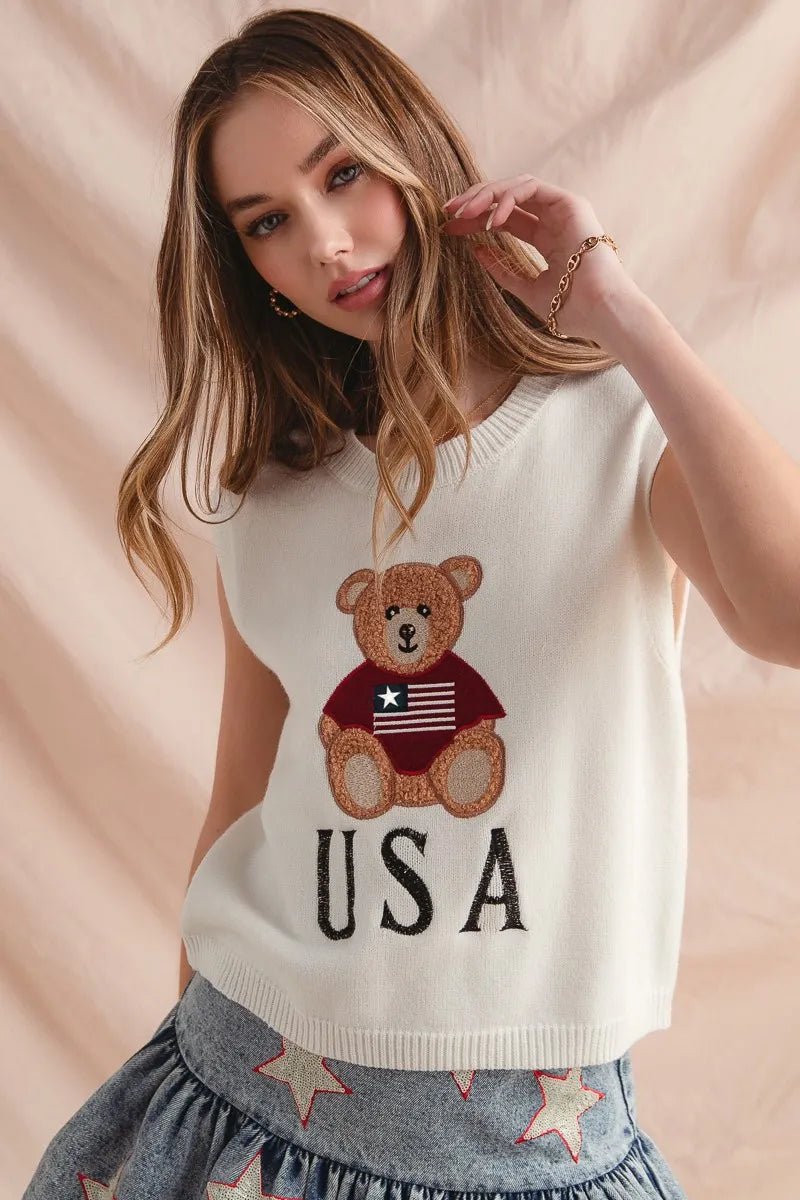 SO ME Teddy Bear Wearing An American Flag With Usa Embroidered Sweater Vest - PBNJ FASHIONS