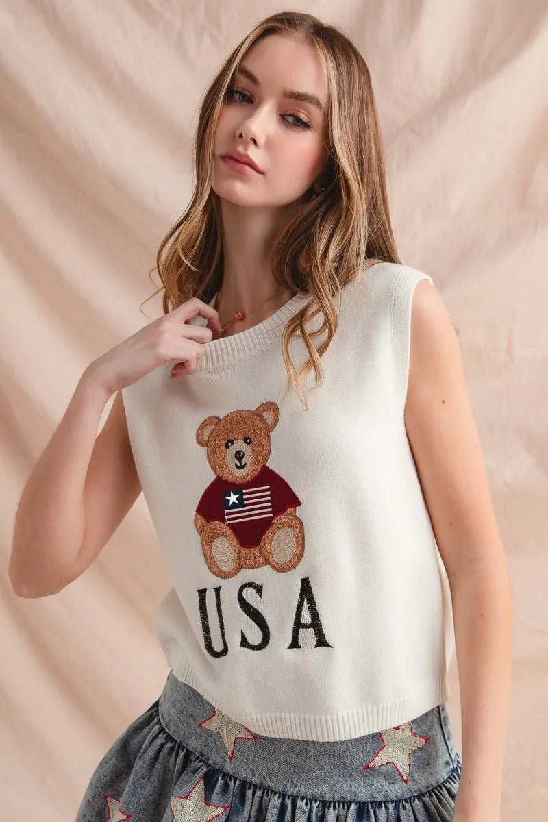 SO ME Teddy Bear Wearing An American Flag With Usa Embroidered Sweater Vest - PBNJ FASHIONS