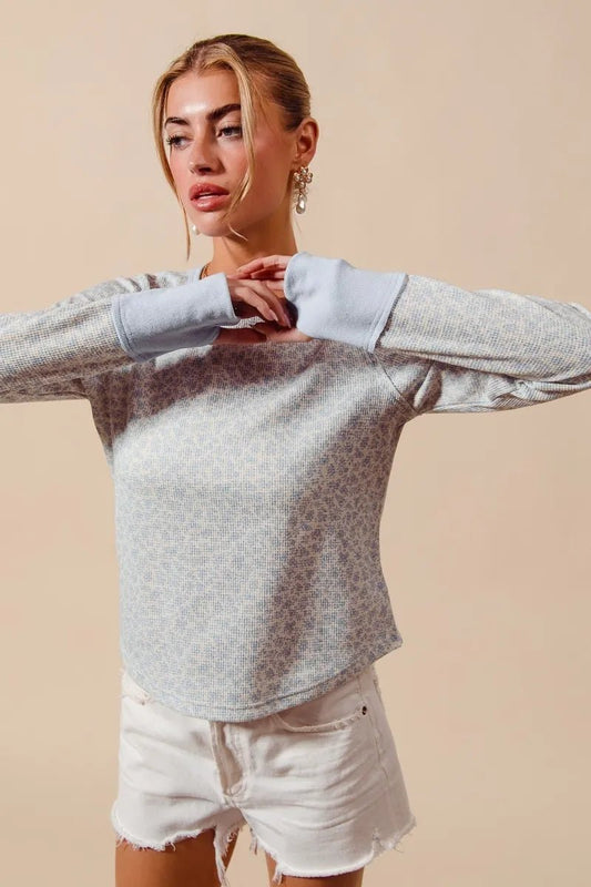 SO ME Textued Floral Knit Top with Contrast Cuffs - PBNJ FASHIONS
