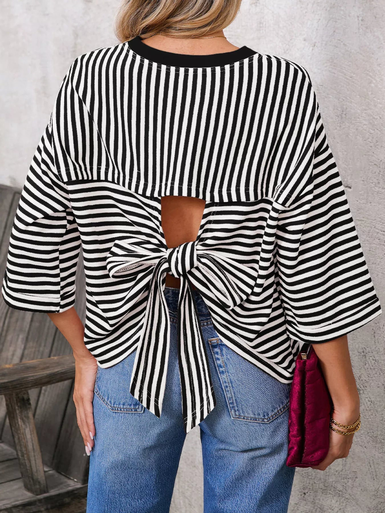 Striped Back Bow Tie T-Shirt - PBNJ FASHIONS