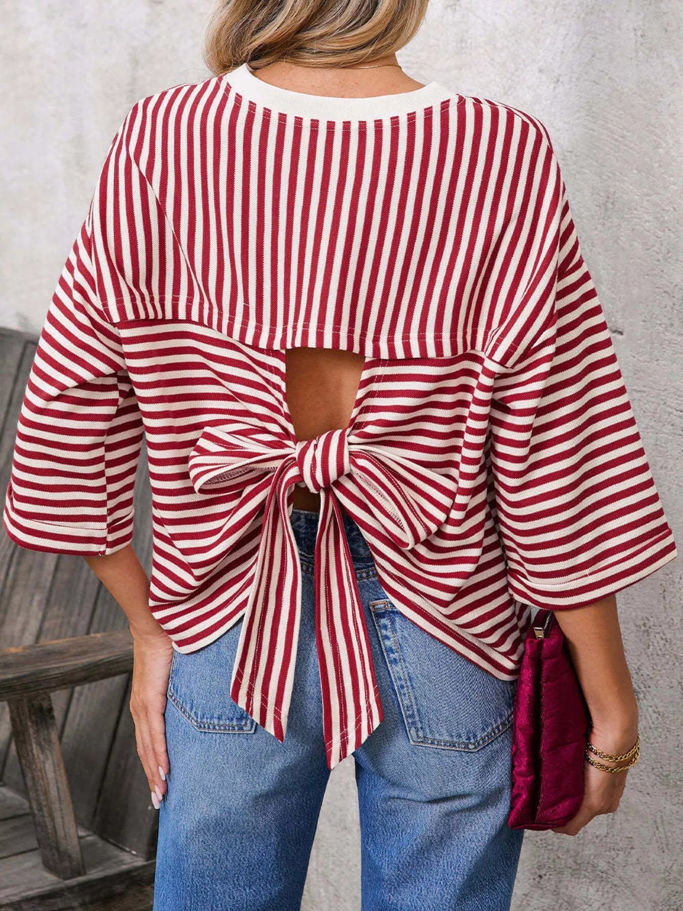 Striped Back Bow Tie T-Shirt - PBNJ FASHIONS