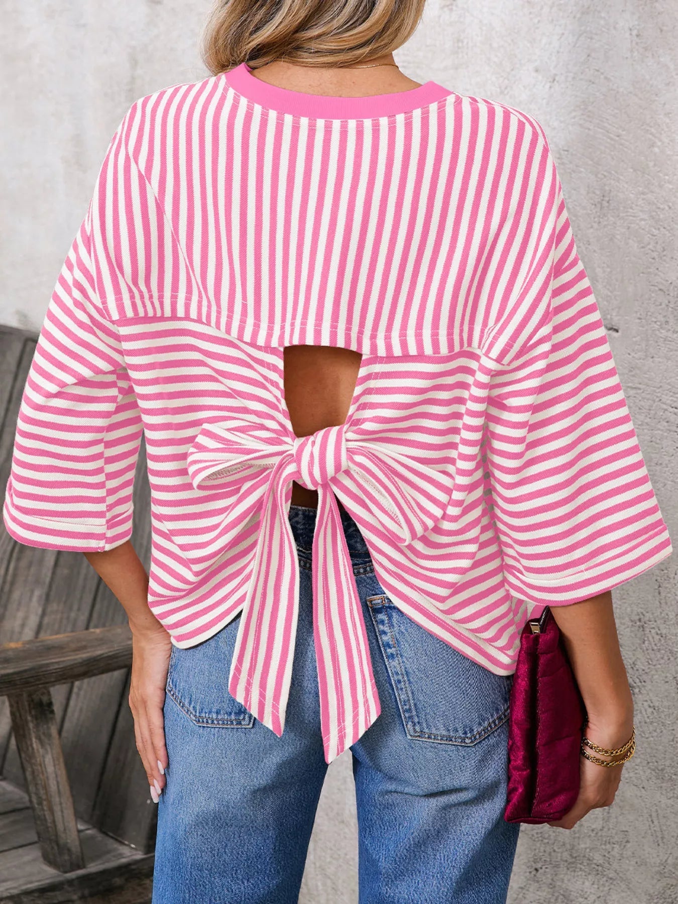 Striped Back Bow Tie T-Shirt - PBNJ FASHIONS
