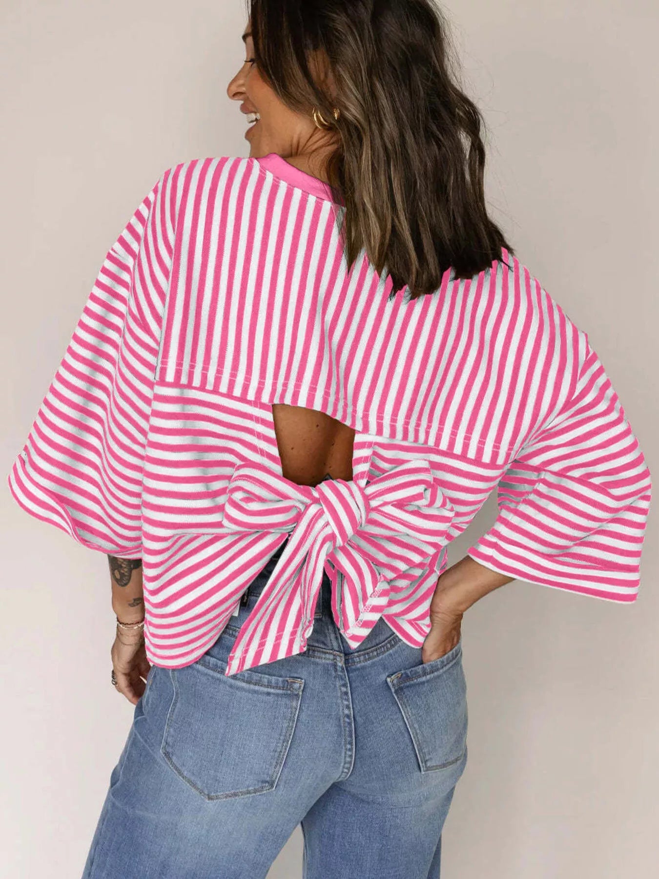 Striped Back Bow Tie T-Shirt - PBNJ FASHIONS