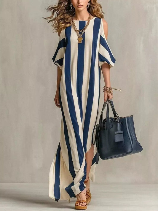 Striped Cold Shoulder Maxi Dress - PBNJ FASHIONS