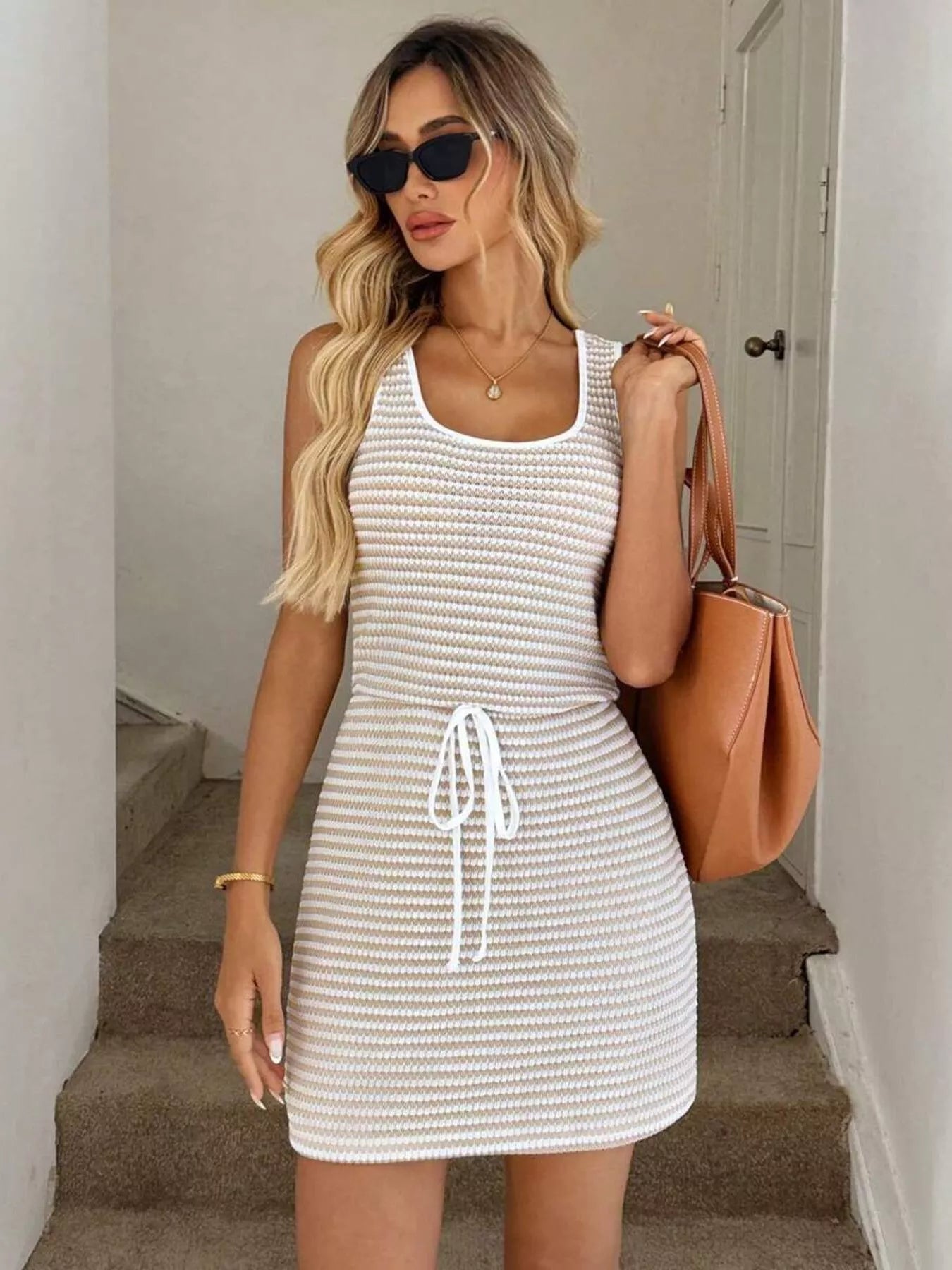 Striped Knitted Mini Dress with Drawstring - PBNJ FASHIONS