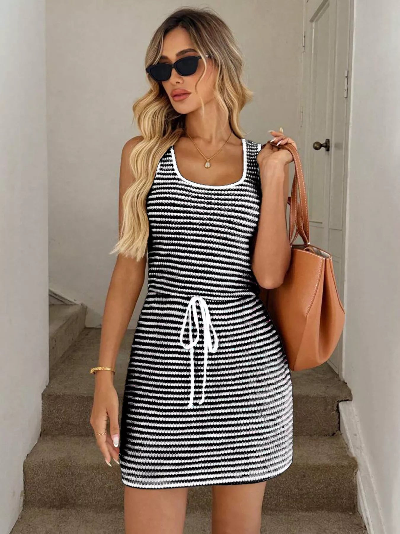 Striped Knitted Mini Dress with Drawstring - PBNJ FASHIONS
