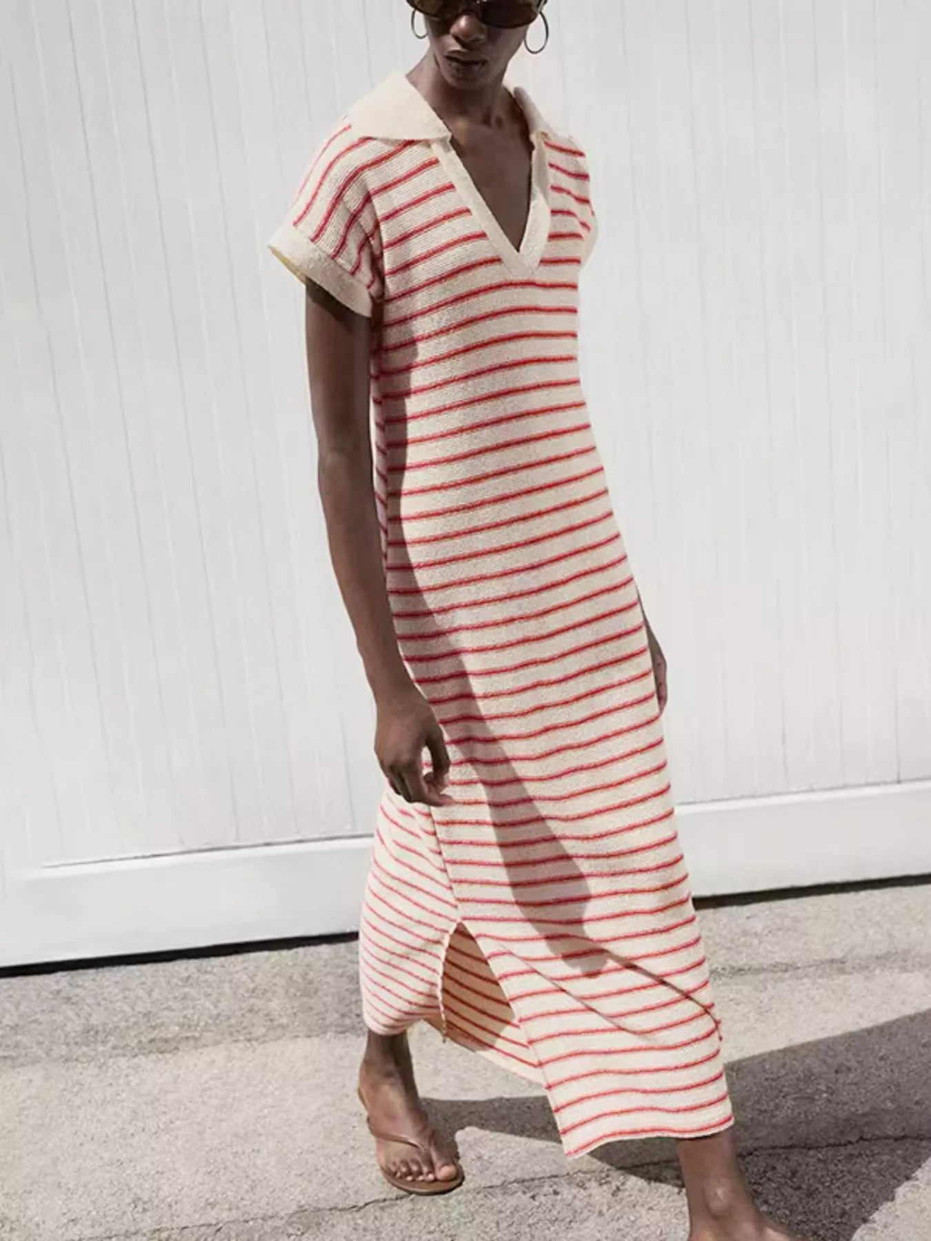 Striped Slit Short Sleeve Maxi Dress - PBNJ FASHIONS