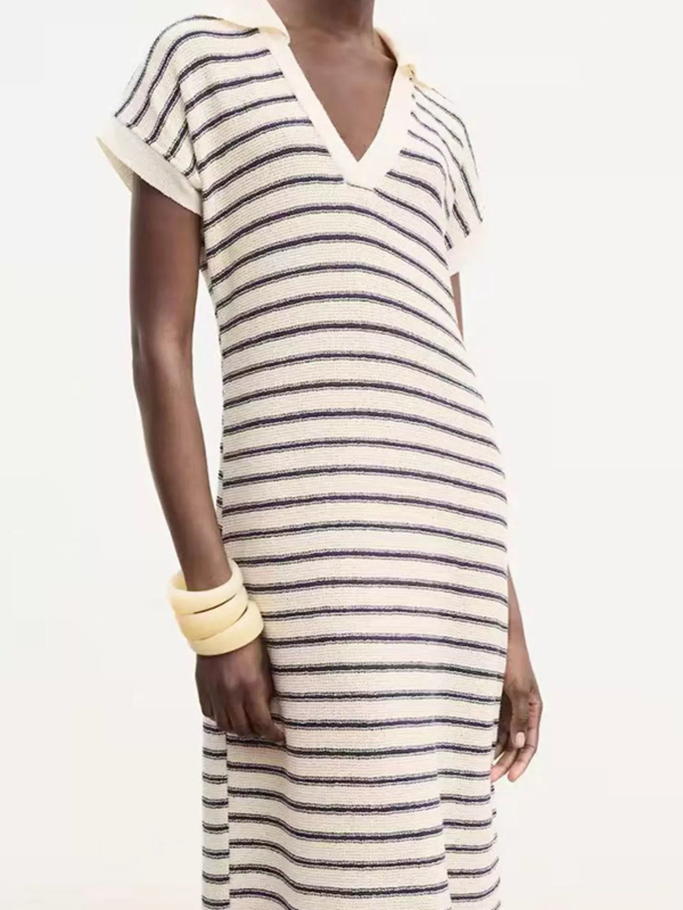 Striped Slit Short Sleeve Maxi Dress - PBNJ FASHIONS