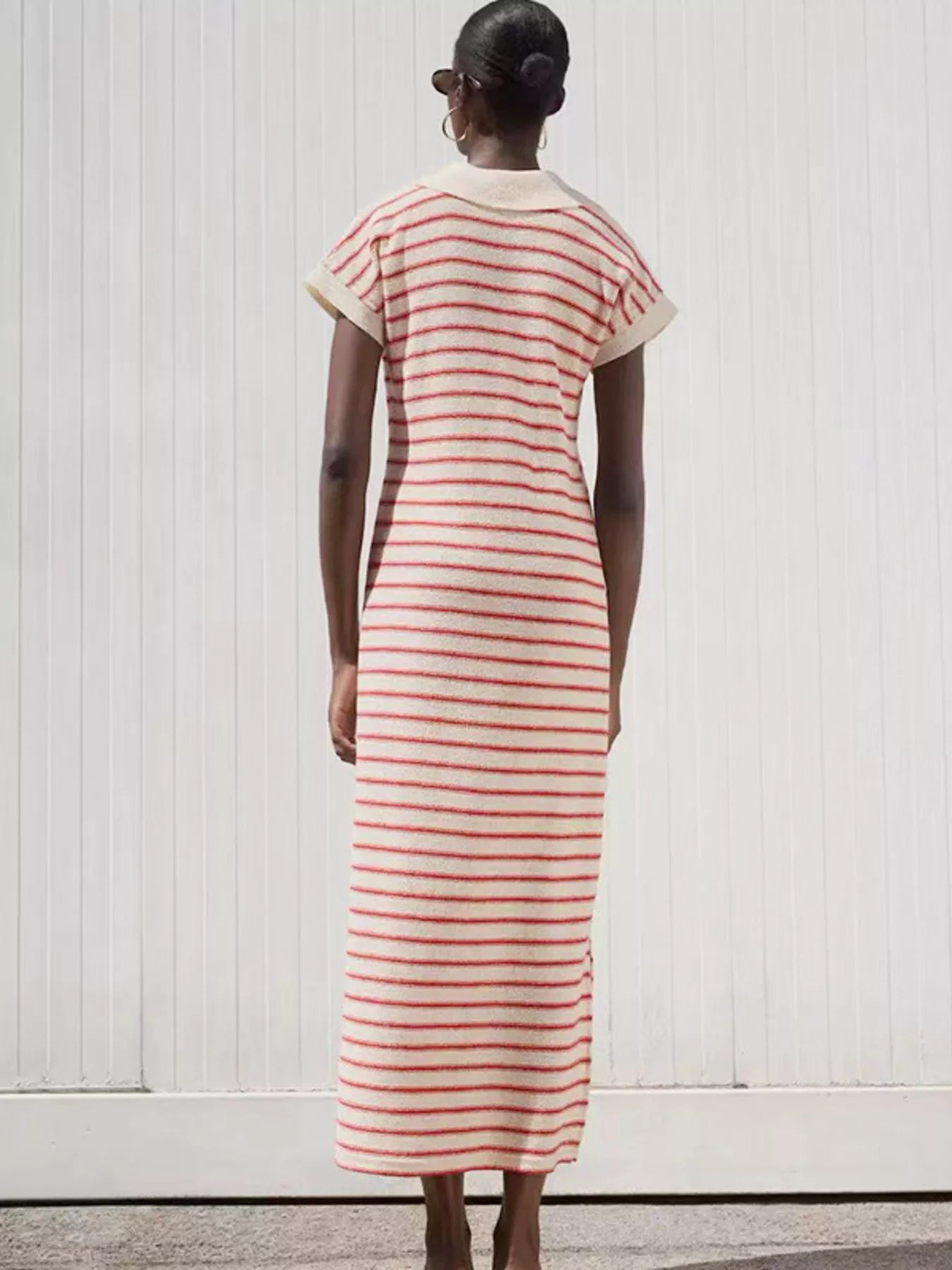 Striped Slit Short Sleeve Maxi Dress - PBNJ FASHIONS