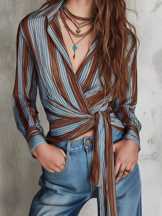 Striped Wrap Shirt with Tie-Front Detail - PBNJ FASHIONS