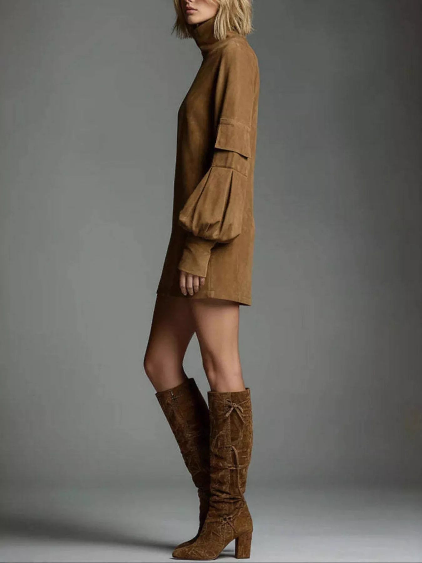 Turtleneck Lantern Sleeve Mini Dress with Pockets - PBNJ FASHIONS