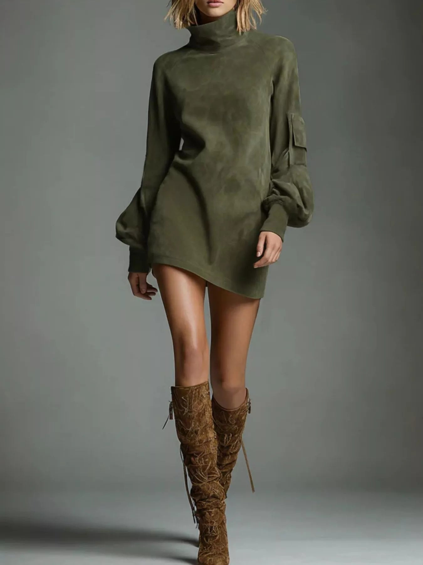 Turtleneck Lantern Sleeve Mini Dress with Pockets - PBNJ FASHIONS